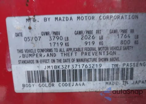 2007 Mazda Mazda3 I z USA, uszkodzony, nr VIN JM1BK32F371763219